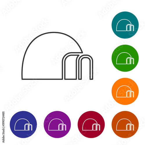 Black line Igloo ice house icon isolated on white background. Snow home, Eskimo dome-shaped hut winter shelter, made of blocks. Set icons in color circle buttons. Vector