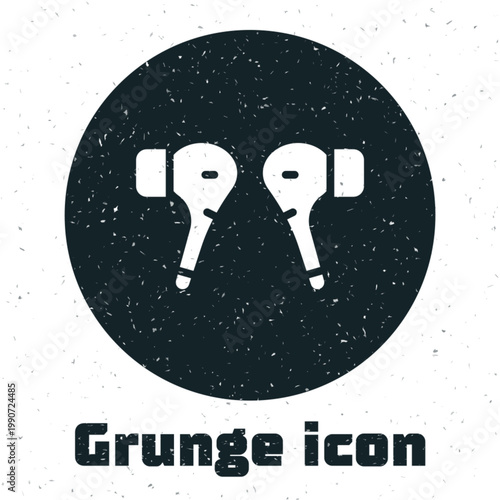 Grunge Air headphones icon icon isolated on white background. Holder wireless in case earphones garniture electronic gadget. Monochrome vintage drawing. Vector