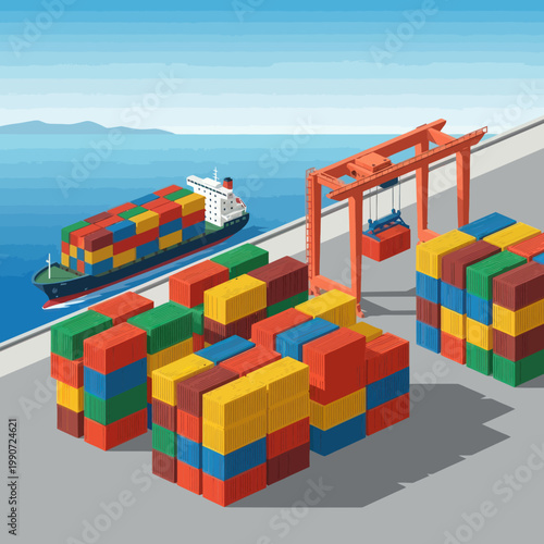 Cargo Ship Unloading Containers at Port with Crane.