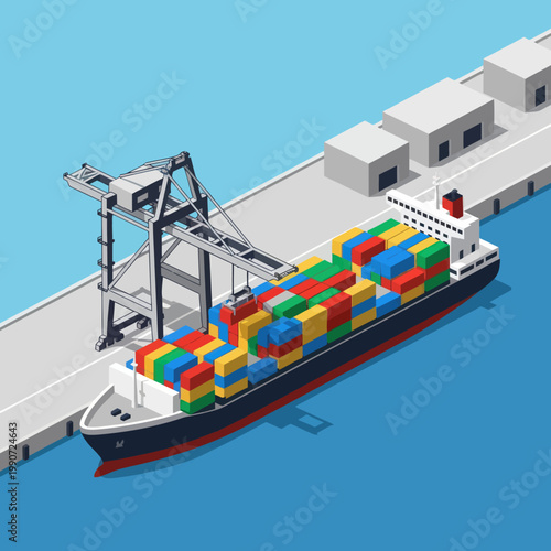 Isometric Cargo Ship at Dock with Colorful Containers.