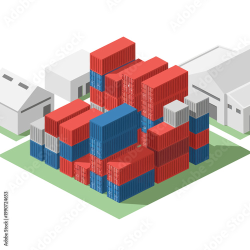 Isometric View of Shipping Containers in a Storage Yard.