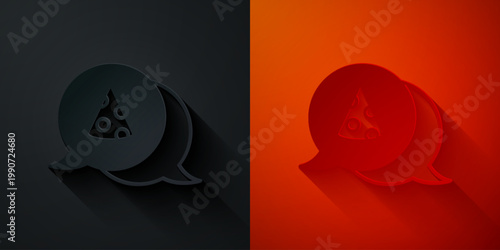 Paper cut Slice of pizza icon isolated on black and red background. Fast food menu. Paper art style. Vector