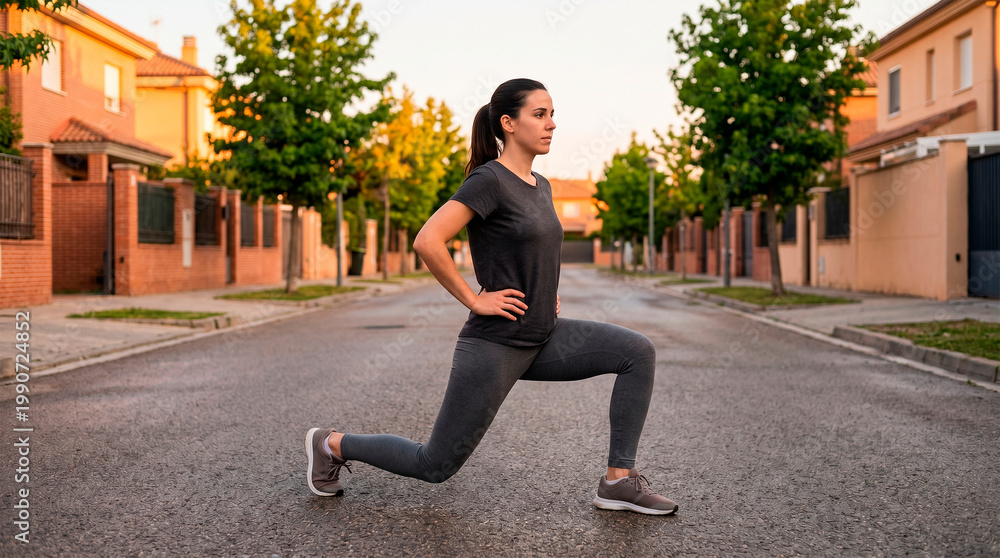 Fototapeta premium A woman doing a lunge exercise in an urban environment. This image captures a moment of fitness and determination. She is wearing athletic clothing and is focused on her workout