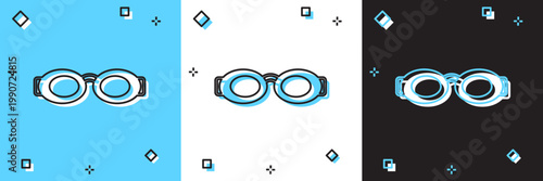 Set Glasses for swimming icon isolated on blue and white, black background. Swimming goggles. Diving underwater equipment. Vector