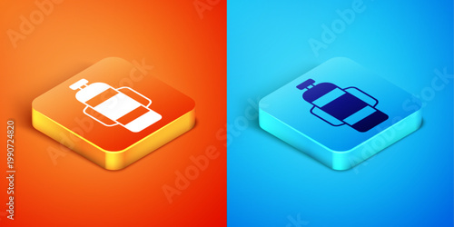 Isometric Aqualung icon isolated on orange and blue background. Oxygen tank for diver. Diving equipment. Extreme sport. Diving underwater equipment. Vector
