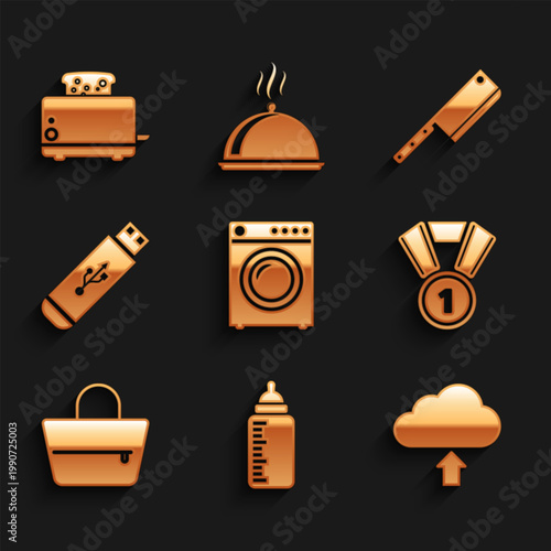 Set Washer, Baby bottle, Cloud upload, Medal, Handbag and USB flash drive icon. Vector