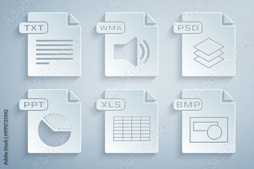 Set XLS file document, PSD, PPT, BMP, WMA and TXT icon. Vector