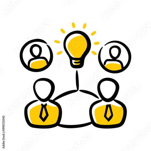 Group of people brainstorming around lightbulb, representing teamwork and shared ideas.