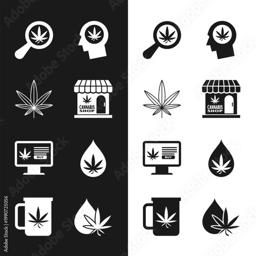 Set Marijuana and cannabis store, leaf, Magnifying glass marijuana, Head profile with, Online buying, oil, and Cup tea icon. Vector