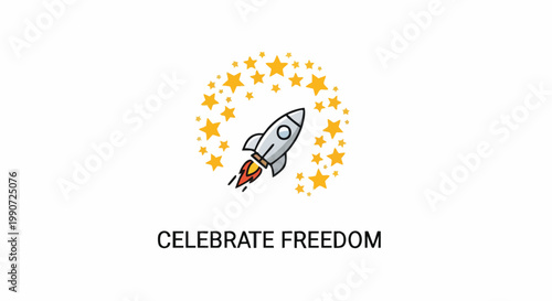 Illustration of a rocket surrounded by stars with the text 'CELEBRATE FREEDOM' on a white background.