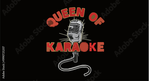 Queen of Karaoke retro T-shirt vector design with vintage microphone and distressed typography