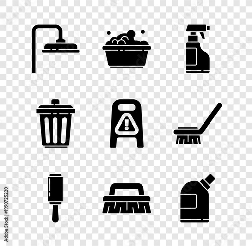 Set Shower head, Plastic basin with soap suds, Spray bottle detergent liquid, Adhesive roller, Brush for cleaning, Bottles agent, Trash can and Wet floor and progress icon. Vector