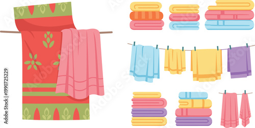 Colorful Towel Collection Vector Set with Hanging Towels, Folded Fabric Stacks, and Bathroom Linen Illustrations for Home, Laundry, and Textile Design