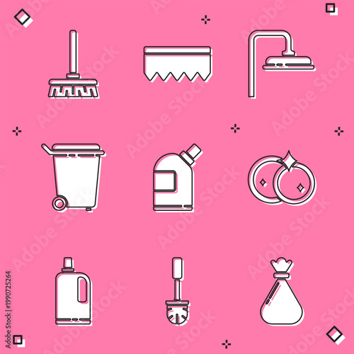 Set Handle broom, Sponge with bubbles, Shower head, Trash can, Bottles for cleaning agent, Washing dishes, Fabric softener and Toilet brush icon. Vector