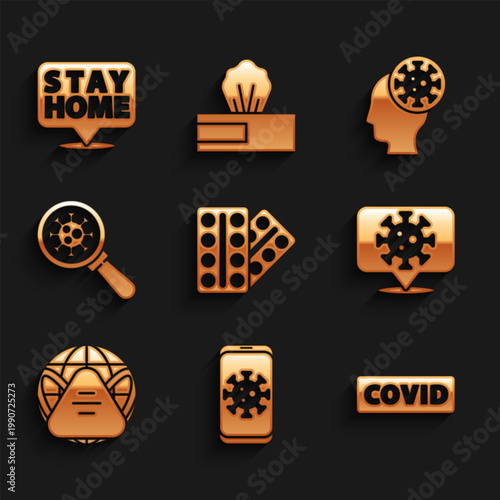 Set Pills in blister pack, Virus statistics on mobile, Corona virus covid-19, location, Earth with medical mask, under magnifying glass, Human and and Stay home icon. Vector