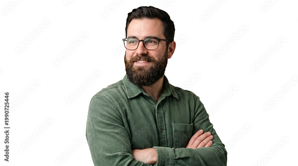 Fototapeta premium A confident man with a beard and glasses standing against a black background