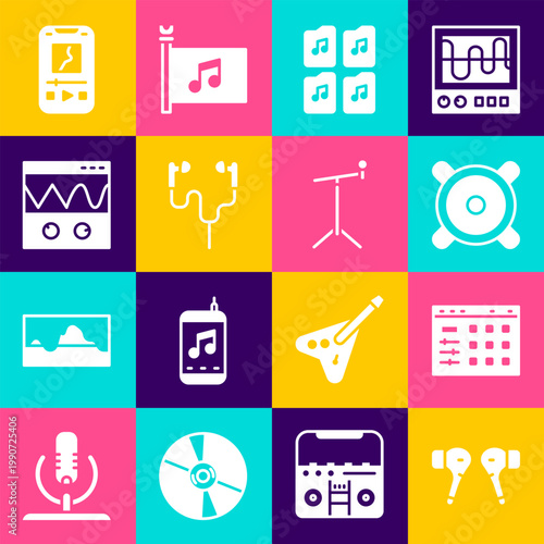 Set Air headphones, Drum machine, Stereo speaker, Music file document, Oscilloscope, player and Microphone with stand icon. Vector