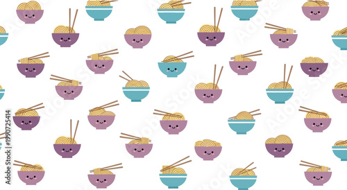 Cute Kawaii Noodle Bowl Pattern, Japanese Food, Cartoon Style