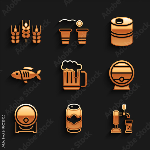 Set Wooden beer mug, Beer can, tap with glass, barrel on rack, Dried fish, Metal keg and Wheat icon. Vector