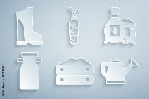 Set Bag of flour, Pack full seeds plant, Can container for milk, Watering can, Carrot and Waterproof rubber boot icon. Vector