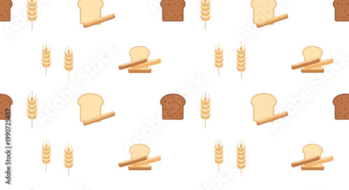 Seamless Pattern of Bread Slices and Wheat Ears on White Background