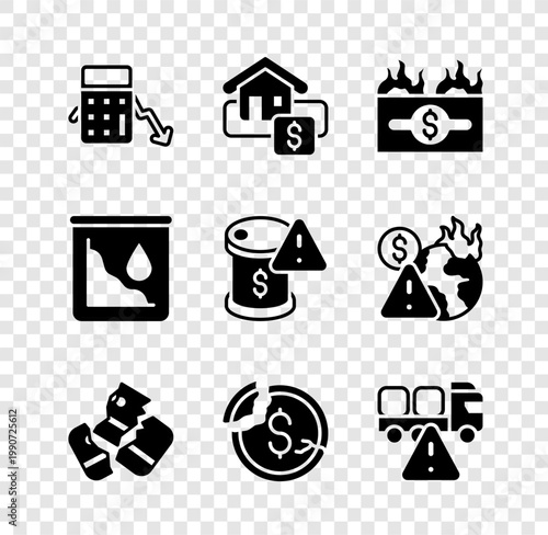 Set Calculation of expenses, Hanging sign with Sale, Burning dollar bill, Credit card, Dollar rate decrease, Stop delivery cargo truck, Drop crude oil price and icon. Vector