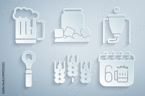 Set Wheat, Beer brewing process, Bottle opener, Saint Patricks day calendar, Cold beer can and Wooden mug icon. Vector