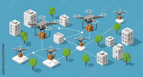 Drone Network Over Urban Area with Buildings and Trees.