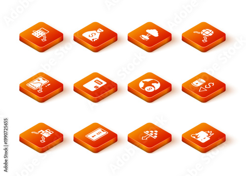 Set Shutdown of factory, Mobile stock trading, Prison cell door, Gold bars, Global economic crisis, Fire burning house and Drop crude oil price icon. Vector