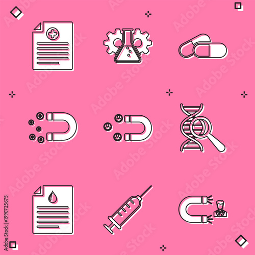 Set Clinical record, Bioengineering, Medicine pill tablet, Magnet with money, Customer attracting and DNA research, search icon. Vector