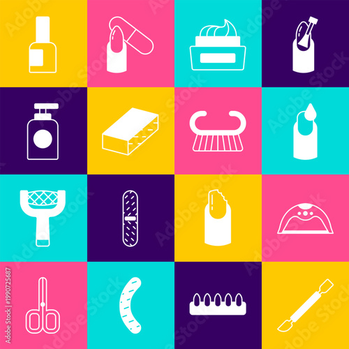 Set Cuticle pusher, Manicure lamp, Bottle of nail polish, Nail file, Tube hand cream, and Pedicure brush or grater icon. Vector