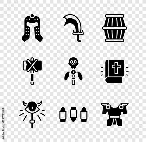 Set Medieval helmet, Sword for game, Gun powder barrel, Magic staff, Bullet, Body armor, axe and icon. Vector