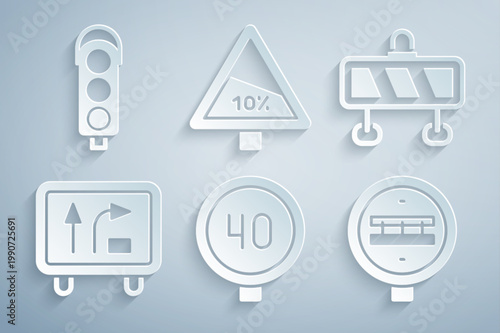Set Speed limit traffic, Road barrier, sign, Railroad crossing, Steep ascent and descent and Traffic light icon. Vector