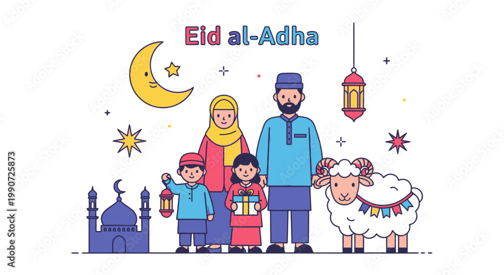 Fototapeta premium Eid al-Adha Celebration Illustration of a Happy Muslim Family with Sacrificial Sheep and Lanterns
