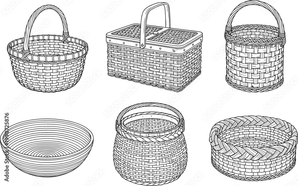 Obraz premium Wicker Basket Icon Set Featuring Different Shapes and Designs for Home Decor and Storage Solutions