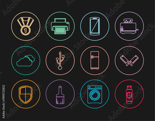 Set line USB flash drive and shield, Crossed meat chopper, Smartphone, mobile phone, Cloud, Medal, Refrigerator and Printer icon. Vector