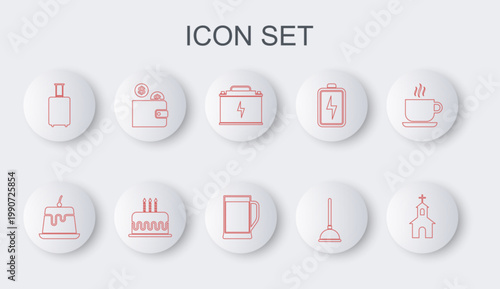 Set line Church building, Pudding custard, Car battery, Rubber plunger, Travel suitcase, Wallet with coin, Cake burning candles and Glass of beer icon. Vector