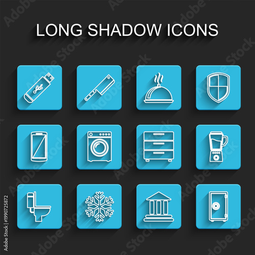 Set line Toilet bowl, Snowflake, USB flash drive, Bank building, Safe, Washer, Blender and Furniture nightstand icon. Vector