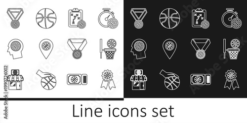 Set line Basketball award, and basket, Planning strategy, Location with basketball, Thoughts, medal, and icon. Vector