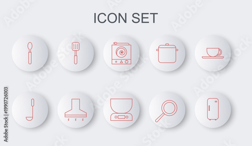 Set line Refrigerator, Kitchen ladle, Electric stove, Frying pan, Spoon, Spatula, extractor fan and Electronic scales icon. Vector