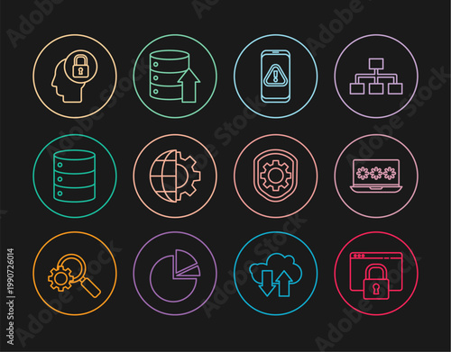Set line Secure your site with HTTPS, SSL, Laptop password, Mobile exclamation mark, Globe of the Earth and gear, Server, Data, Web Hosting, Human head lock, Shield settings and icon. Vector