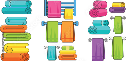 Colorful Towel Set Illustration with Folded, Rolled, and Hanging Bath Towels on Rack for Bathroom, Spa, Laundry, and Textile Design Collection