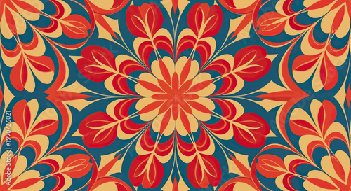 Symmetrical floral mandala with red, orange, and blue hues