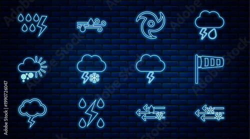 Set line Wind and snow, Cone meteorology windsock wind vane, Tornado, Cloud with lightning, Cloudy, Storm, and rain icon. Vector