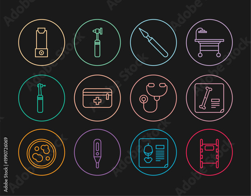 Set line Stretcher, X-ray shots, Medical surgery scalpel, First aid kit, Tooth drill, Inhaler, Stethoscope and otoscope tool icon. Vector