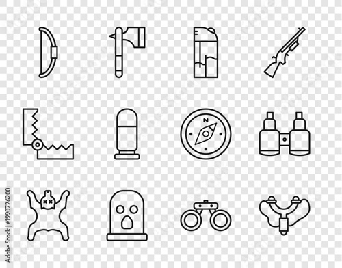 Set line Bear skin, Slingshot, Lighter, Balaclava, Bow, Bullet, Binoculars and icon. Vector