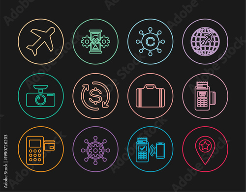 Set line Location with star, POS terminal, Copywriting network, Return of investment, Car DVR, Plane, Suitcase for travel and Hourglass and gear icon. Vector