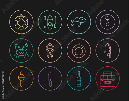 Set line Case container for wobbler, Fishing rod, lure, Spring scale, Crab, Lifebuoy, and Kayak canoe icon. Vector
