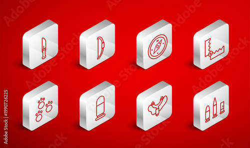Set line Bullet and cartridge, Bow, Compass, Trap hunting, Slingshot, Hunter knife, and Paw print icon. Vector