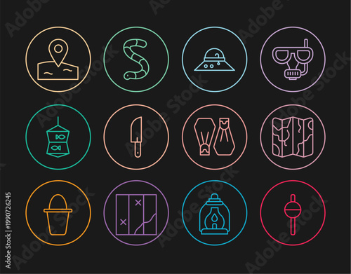 Set line Fishing float, Folded map, Fisherman hat, Knife, net with fish, Location fishing, Rubber flippers for swimming and Worm icon. Vector